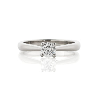 Four claw solitaire engagement ring, with a central 0.40ct D colour, internally flawless diamond. Top view.