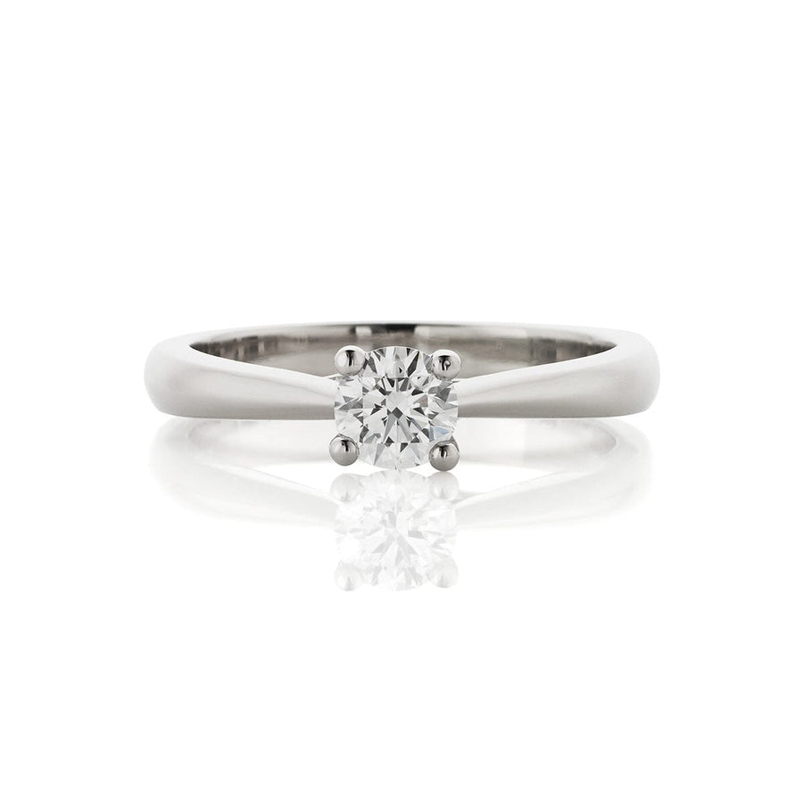 Four claw solitaire engagement ring, with a central 0.40ct D colour, internally flawless diamond. Top view.