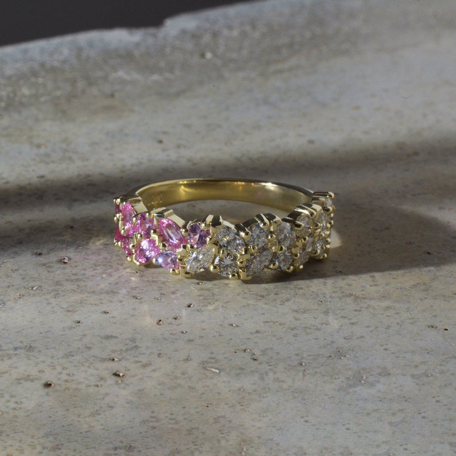 Pink Sapphire and Diamond Ombre Ring in Yellow Gold